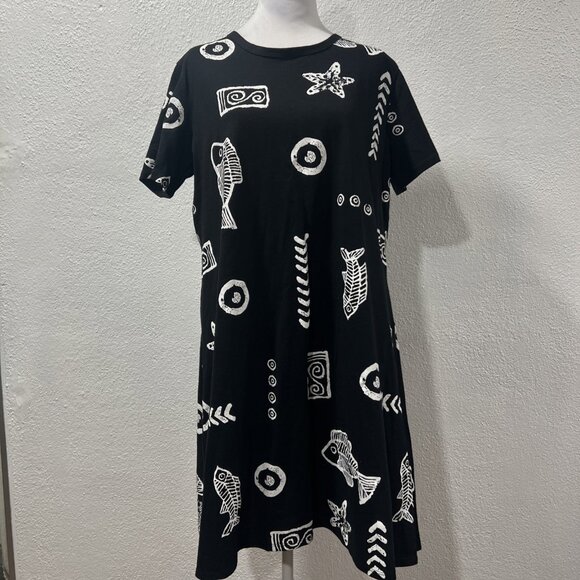 Kisses Hugs Black Knit Shirt Dress Size L Short Slvs. Fish Sea Nautical Pattern - Picture 1 of 10